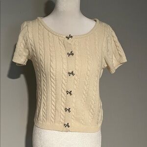Cream Cable Knit Short Sleeve Cardigan with Bow Buttons